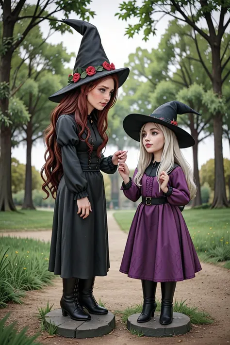 two little girls dressed up in witches costumes standing on a path