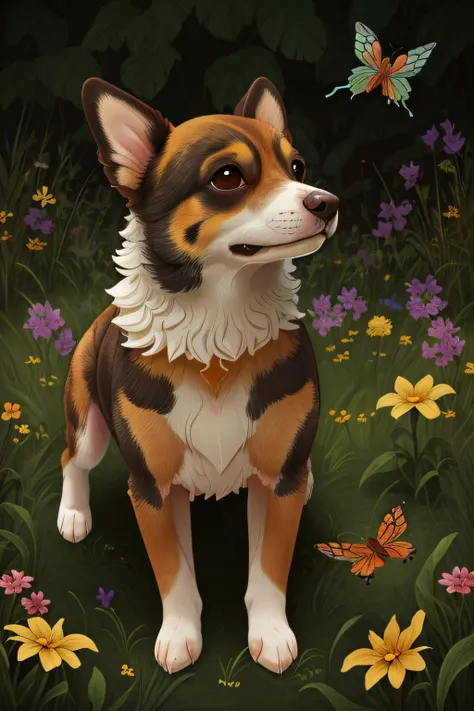 painting of a dog in a field of flowers with a butterfly flying overhead