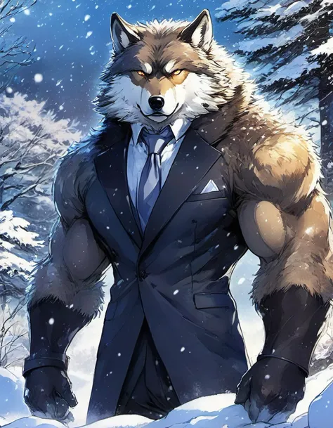 there is a man in a suit and tie standing in the snow