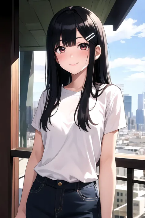 1girl, solo, long hair, blush, black hair, mole, hair ornament, smile, hairclip, bangs, closed mouth, standing, cityscape,