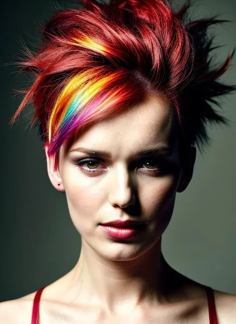 portrait of sks woman by Flora Borsi, style by Flora Borsi, bold, bright colours, rainbow Mohawk haircut, ((Flora Borsi)), <lora:locon_elizabethhenstridge_v1_from_v1_64_32:1>