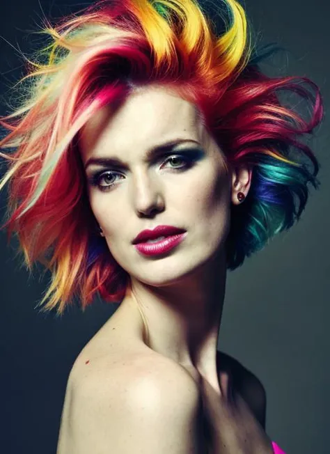 portrait of sks woman by Flora Borsi, style by Flora Borsi, bold, bright colours, rainbow Mohawk haircut, ((Flora Borsi)), <lora:locon_elizabethhenstridge_v1_from_v1_64_32:1.25>