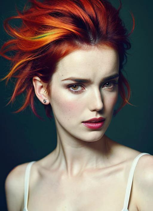 portrait of sks woman by Flora Borsi, style by Flora Borsi, bold, bright colours, rainbow Mohawk haircut, ((Flora Borsi)), <lora:locon_elizabethhenstridge_v1_from_v1_64_32:1.25>