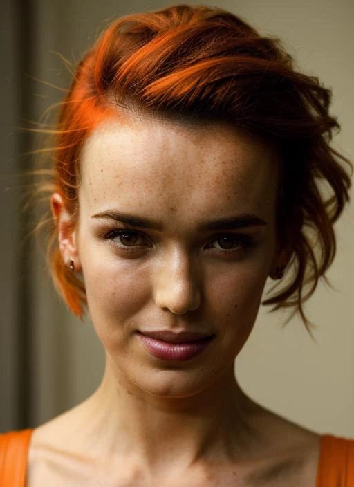 portrait of sks woman by Flora Borsi, style by Flora Borsi, bold, bright colours, orange Mohawk haircut, ((Flora Borsi)), <lora:locon_elizabethhenstridge_v1_from_v1_64_32:1.25>