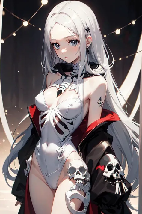 <lora:edgBoneHoodies:1> hoodie, edgBones, a woman in a hoodie, skeletal bones, wearing edgBones,, ultra detailed, masterpiece, best quality, aesthetic, detailed,, serious, 1girl, (white eyes:1.1), (grey eyes:1.3), white hair, very long hair, parted hair, p...