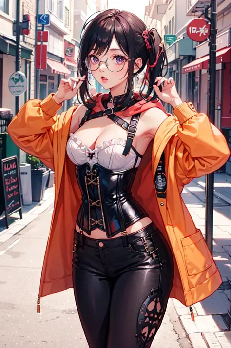 <lora:edgCorsetHoodies:0.8> edgCorset, hoodie, wearing a hoodie with a corset, cowboy shot,  <lora:LIP:0.8> (LilyPichuTI:0.9), glasses,, ultra detailed, masterpiece, best quality, aesthetic, detailed,