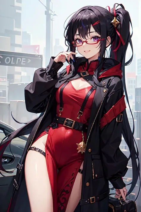 <lora:edgFantasyHoodies:0.8> edgFD, hoodie, fantasy_dress, edgFD_hoodie, cosmic hoodie, wearing edgFD_hoodie, cowboy shot,, ultra detailed, masterpiece, best quality, aesthetic, detailed,, solo, smug smile, 1girl, purple eyes, red-framed eyewear, (black ha...