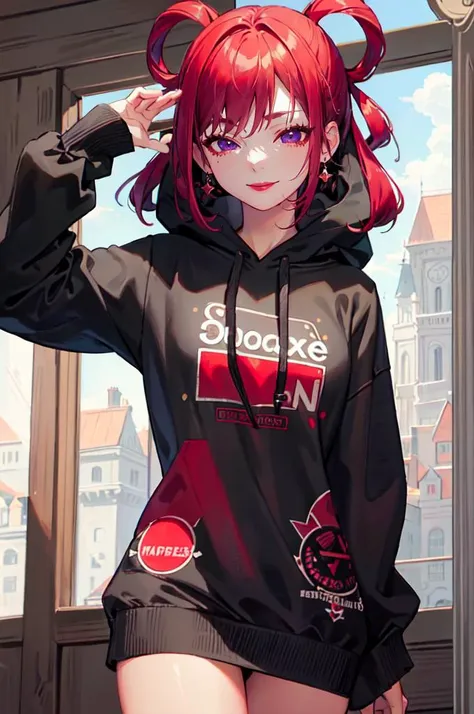 anime girl with red hair and black hoodie posing in front of window