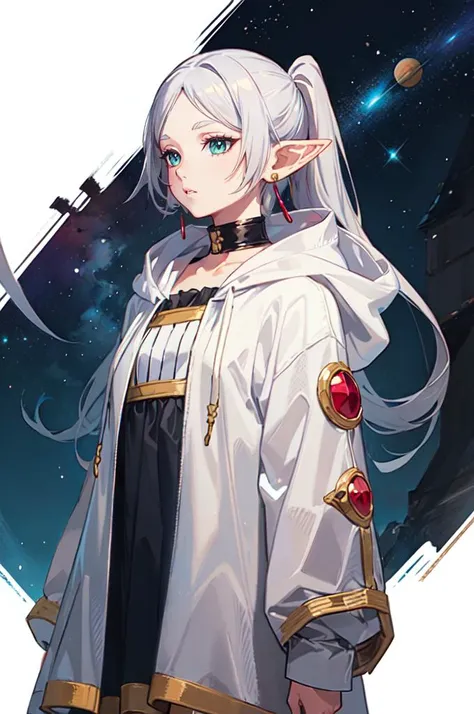 <lora:edgFantasyHoodies:0.8> edgFD, hoodie, fantasy_dress, edgFD_hoodie, cosmic hoodie, wearing edgFD_hoodie, cowboy shot,    <lora:CHAR-Frieren:0.8> Frieren, twintails, earrings ,, ultra detailed, masterpiece, best quality, aesthetic, detailed,