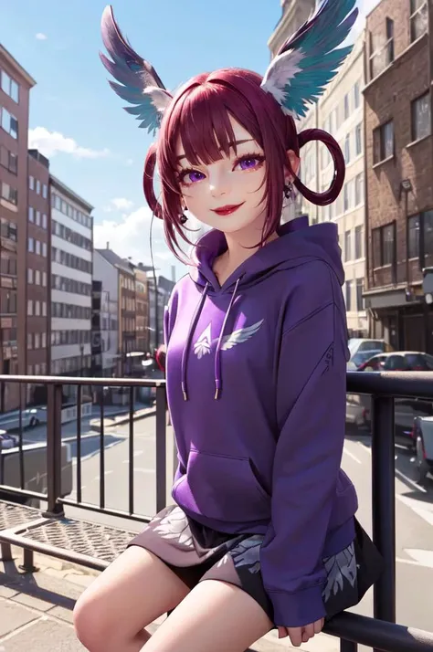 <lora:edgGarudaHoodies:1> edgGaruda_hoodie, hoodie, wearing edgGaruda_hoodie, cowboy shot, (purple theme:1.3), oversize hoodie, feathers, blue sky, sitting on railing,, ultra detailed, masterpiece, best quality, aesthetic, detailed,, solo, seductive smile,...