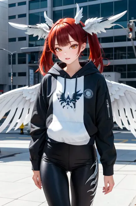 <lora:edgGarudaHoodies:1> edgGaruda_hoodie, hoodie, wearing edgGaruda_hoodie, cowboy shot,, ultra detailed, masterpiece, best quality, aesthetic, detailed,, solo, 1girl, red hair, orange eyes, amber eyes, swept bangs, parted bangs, <lora:LowTwintailsHelper...