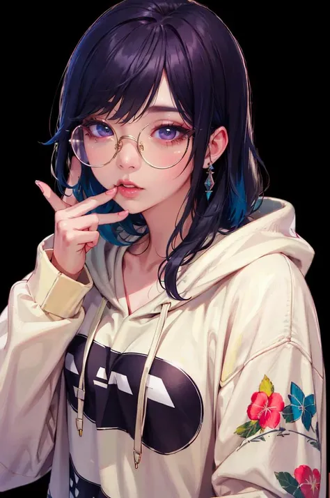 <lora:edgMuglerHoodies:1> hoodie, edgTM_style fashion, edgTM, eccentric clothing, wearing edgTM_style fashion hoodie,  <lora:LilyPichu:1> (LilyPichuTI:0.9), glasses,, absurdres, ultra detailed, masterpiece, best quality, aesthetic, detailed,