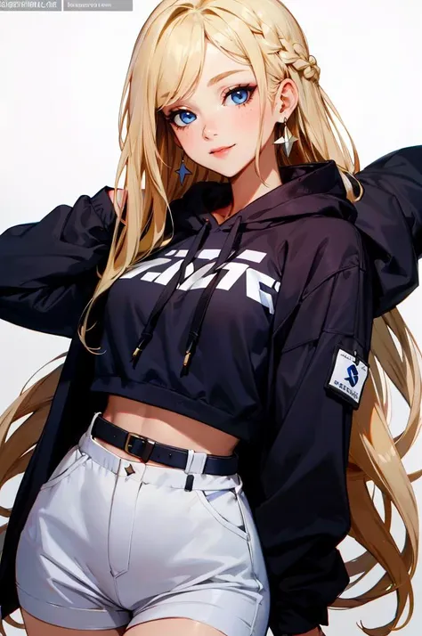 anime girl with long blonde hair wearing a black jacket and white shorts