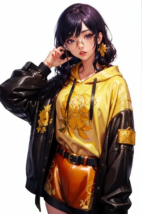 <lora:edgNoireHoodies:0.8> edgNoire, hoodie, ([black dress, short skirt|hoodie]::0.5), sheer see through ([black dress, short skirt|hoodie]::0.5), wearing edgNoire _(hoodie,leather belt, golden embroidery:1.2),   <lora:LIP:1> (LilyPichuTI:0.9), glasses,, a...