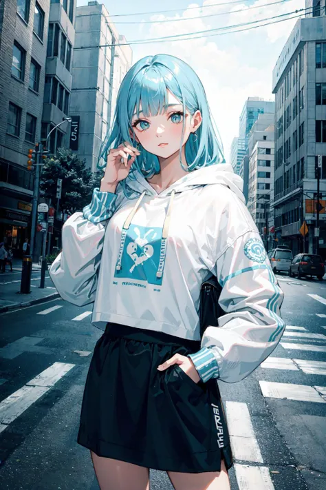 a woman with blue hair and a white shirt is standing on a street