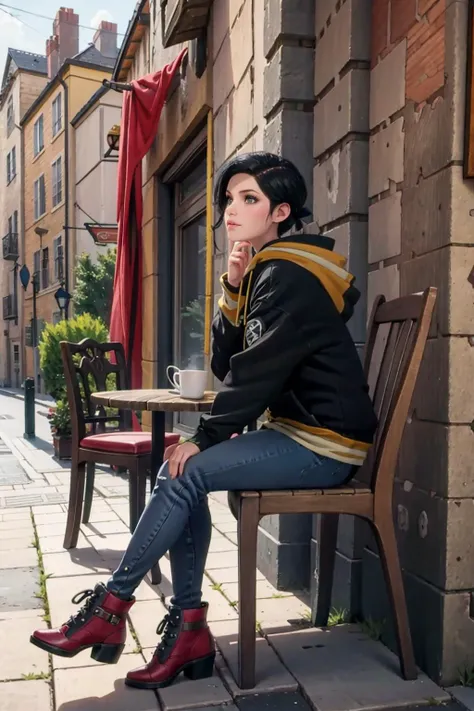 High Quality, Masterpiece, 1girl, <lora:Syanna:0.8> syanna, short hair, black hair, edgNoire, hoodie,  ([black dress, short skirt|hoodie]::0.5), <lora:Outfit_NoireHoodies:0.8>, sitting, outdoors, table, cafe, on chair, full body, from side,