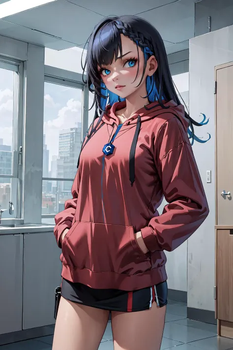 High Quality, Masterpiece, 1girl, <lora:gijinkaseries_civitai-18:0.85>, civitai-chan, braided bangs, necklace, cyborg, RHG, wearing RHG_hoodie, red hoodie, <lora:Outfit_LittleRedHoodies:1>, cowboy shot, indoors, hand in pocket,