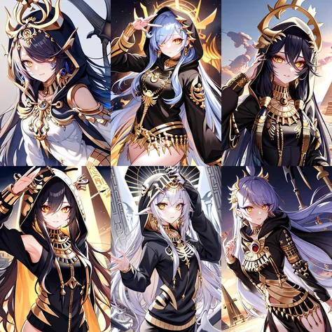 a group of anime girls in black and gold outfits