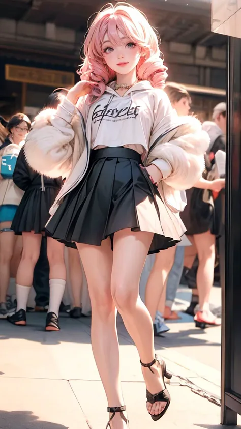 araffe girl with pink hair and a white shirt and black skirt