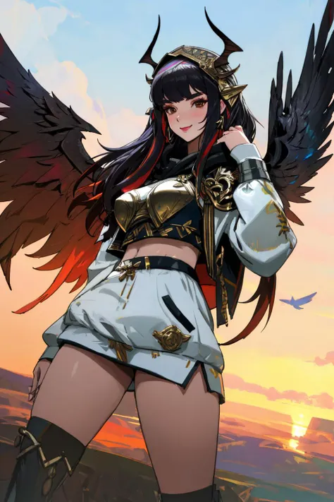 Masterpiece, absurdres, fine detail, HDR,beautiful smile, highly detailed facial features, Dua Lipa,
multicolor fabric, hoodie, a [woman|walkure] posing for a picture , wearing [walkure_armor, viking|hoodie], WINGS, viking,norse setting
 <lora:ValkHoodie:0...