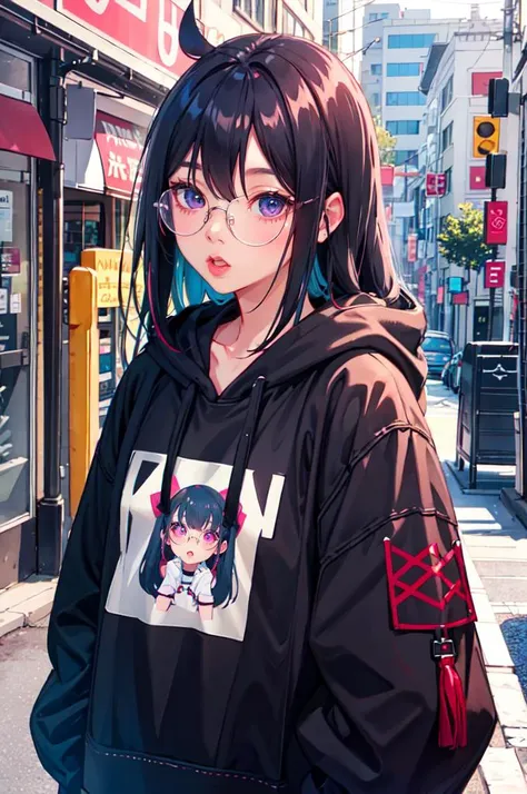 anime girl with black hair and glasses standing on the street