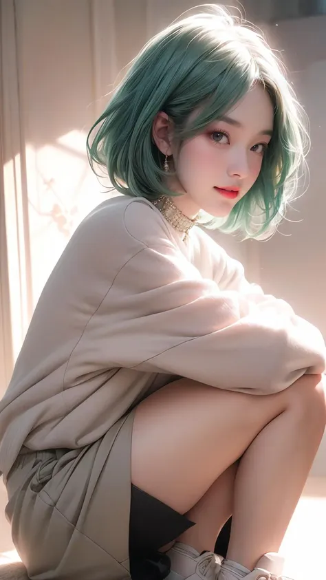 a close up of a person with green hair sitting on a floor