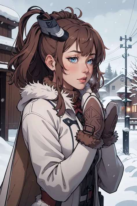 (masterpiece, best quality, 4k, aesthetic, detailed, intricate),outside,snowing,1girl,  saratoga, side ponytail, smokestack hair ornament,brown hair,blue eyes,blush,fur coat,mittens,  <lora:kancolle_saratoga:0.8>