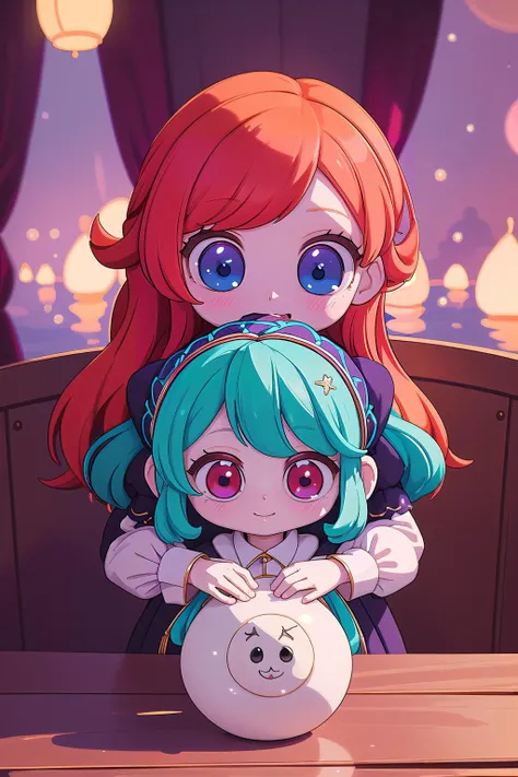 two anime girls hugging each other in front of a table