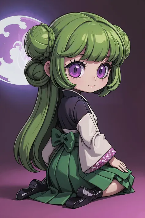 a cartoon girl with long green hair and purple eyes sitting on the ground