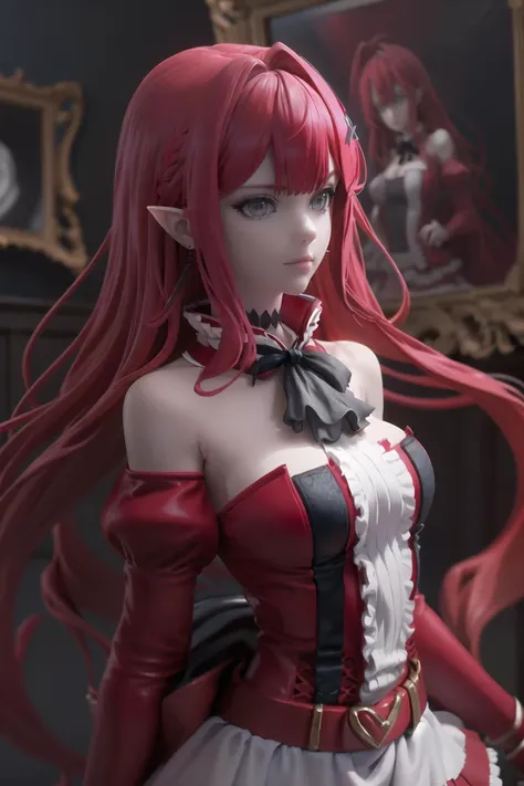 a close up of a doll with long red hair and a dress