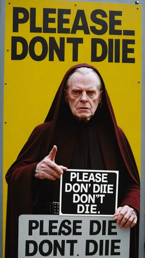 Photo of Emperor Palpatine with advertising sign that says  "please dont die"