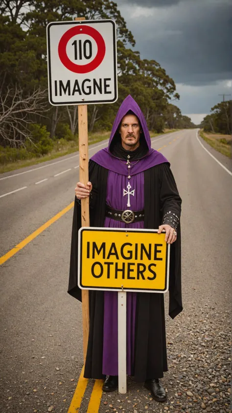 Photo of Warlock with road sign that says "imagine others complexly"