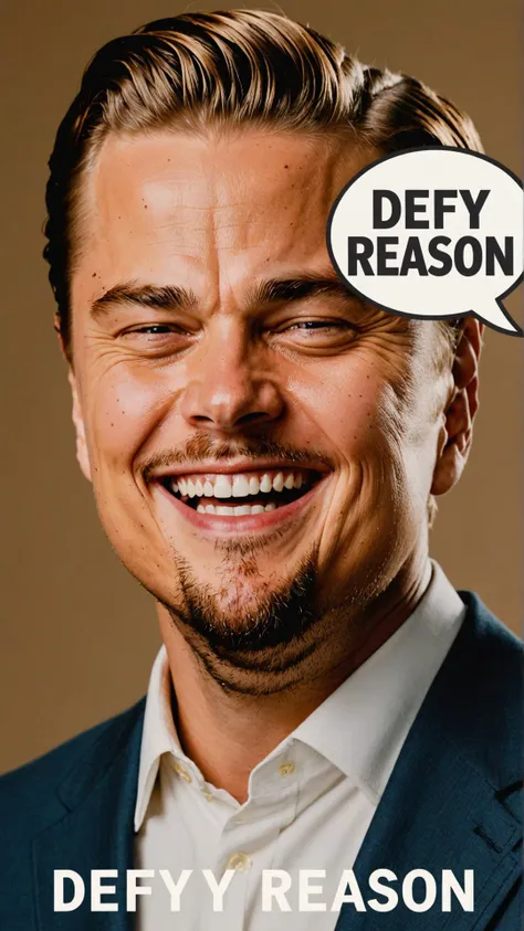 Photo of Laughing Leonardo DiCaprio with text bubble that says "defy reason"