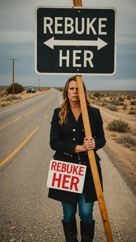 woman holding a sign that says rebuke her on the side of the road