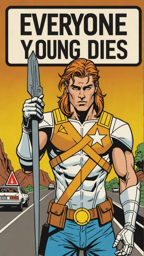 Photo of shatterstar with road sign that says "everyone dies young"