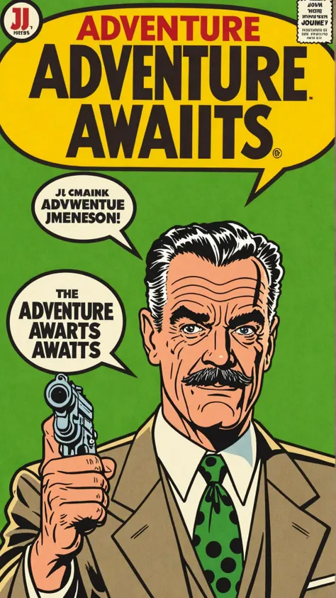 Photo of j jonah jameson with text bubble that says "Adventure awaits"