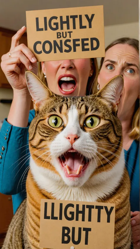 Photo of Woman Yelling at a Cat with sign that says "Slightly confused but amused"