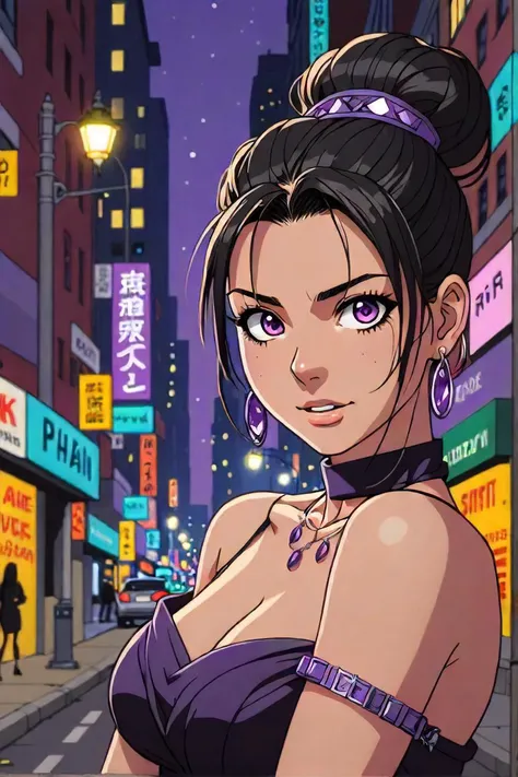 in the heart of a bustling city, an anime style woman with long dark hair tied up in a messy bun breaks free from her confinement. she wears a revealing black dress that contrasts against her pale skin, adorned with purple jewels and accessories that spark...