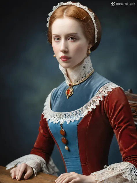 a close up of a woman in a red and blue dress