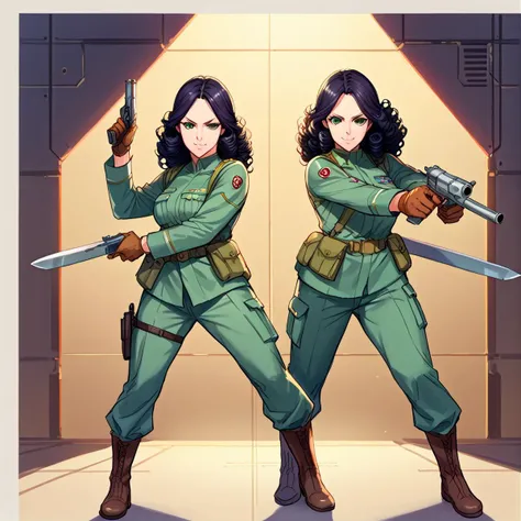 two women in military uniforms holding two swords in their hands