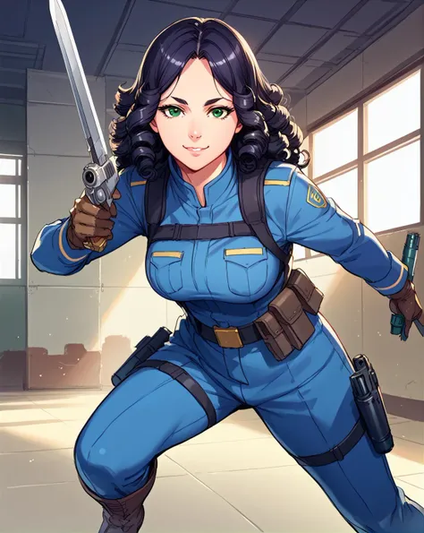 a woman in a blue uniform holding a sword in a room