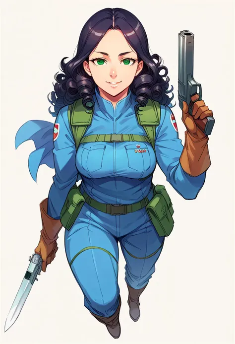 a woman in a blue uniform holding a gun and a knife