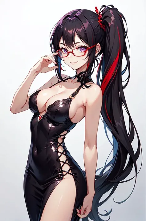 , <lora:BodyconDress-V3a:1> dress, bodycon dress, cleavage, ultra detailed, masterpiece, best quality, aesthetic, detailed,, solo, smug smile, 1girl, purple eyes, red-framed eyewear, (black hair, red colored tips:1.2), red streaked hair, very long hair, si...