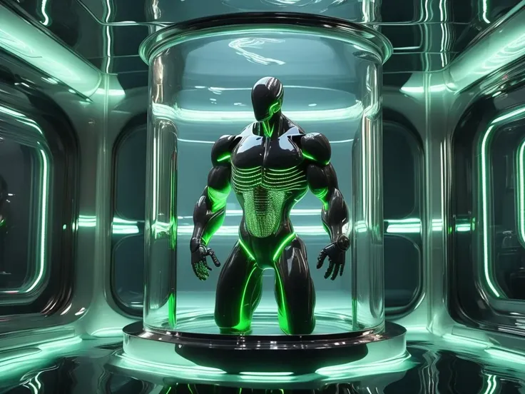 A futuristic creature, made from only muscles, elaborate detailed structures, enclosed in a glass tubular tank, submerged in radioactive green glowing liquid