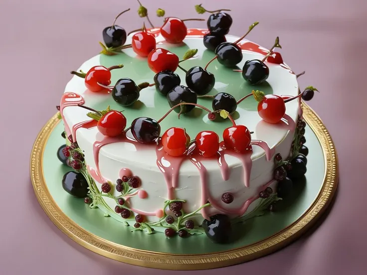 Delicate piping and intricate embellishments transform a cake into a luminous canvas of vivid hues, highlighted by luscious cherries, sweet huckleberries, and radiant currants. The result is a harmonious fusion of taste and aesthetics, where the glow of ea...