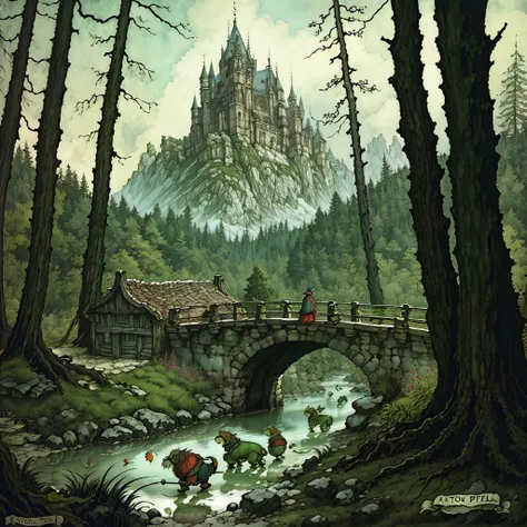 (masterpiece, top quality, best quality, official art, beautiful and aesthetic:1.2), three ugly trolls in a forest, Anton Pieck style  <lora:Anton_Pieck_Style:1.0>