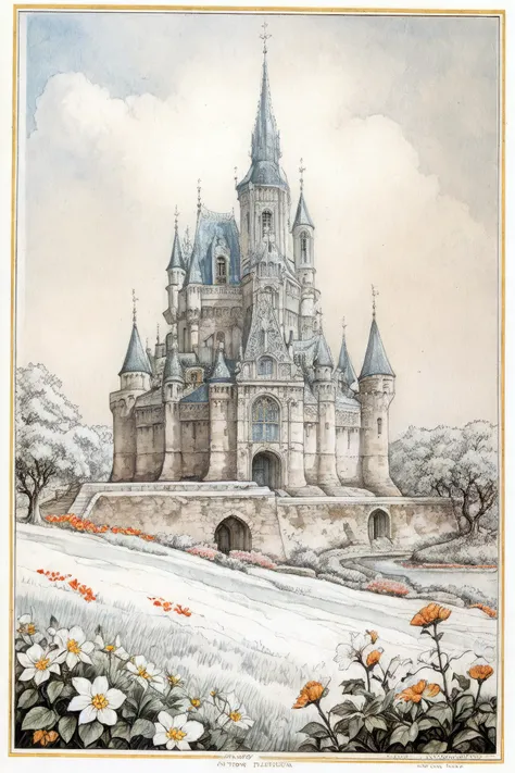 anton pieck style, flower, castle, scenery, tree,  <lora:Anton_Pieck_Style:1>