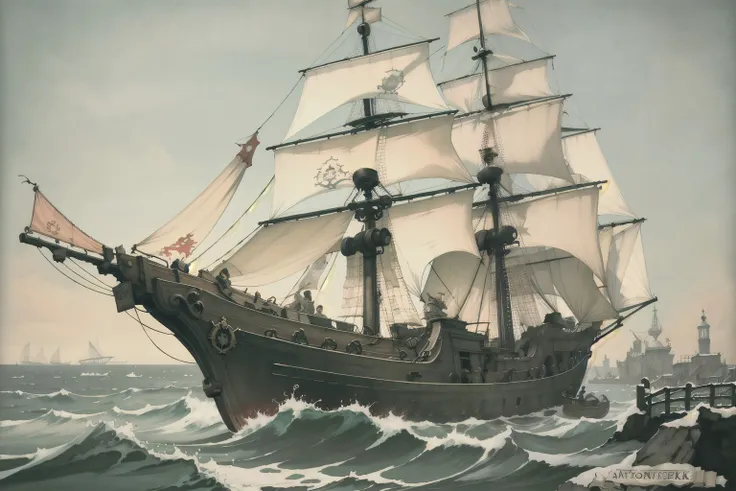 (masterpiece, top quality, best quality, official art, beautiful and aesthetic:1.2), a pirate ship on the ocean, Anton Pieck style <lora:Anton_Pieck_Style:1.0>