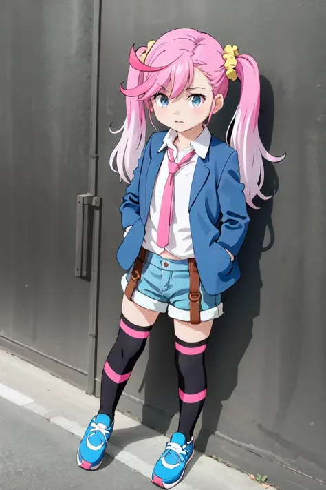 anime girl with pink hair and blue shoes standing in front of a wall