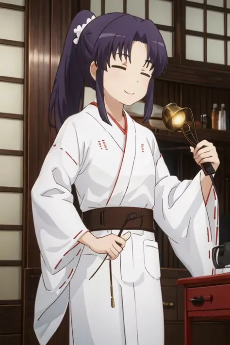 best quality, masterpiece, highres, solo, {white kimono:1.35}, {red hakama:1.35}, {wide sleeves:1.20}, {miyauchi_kazuho_nonnonbiyori:1.15}, closed_eyes, purple_hair, long_hair, smile, ponytail, blue_hair